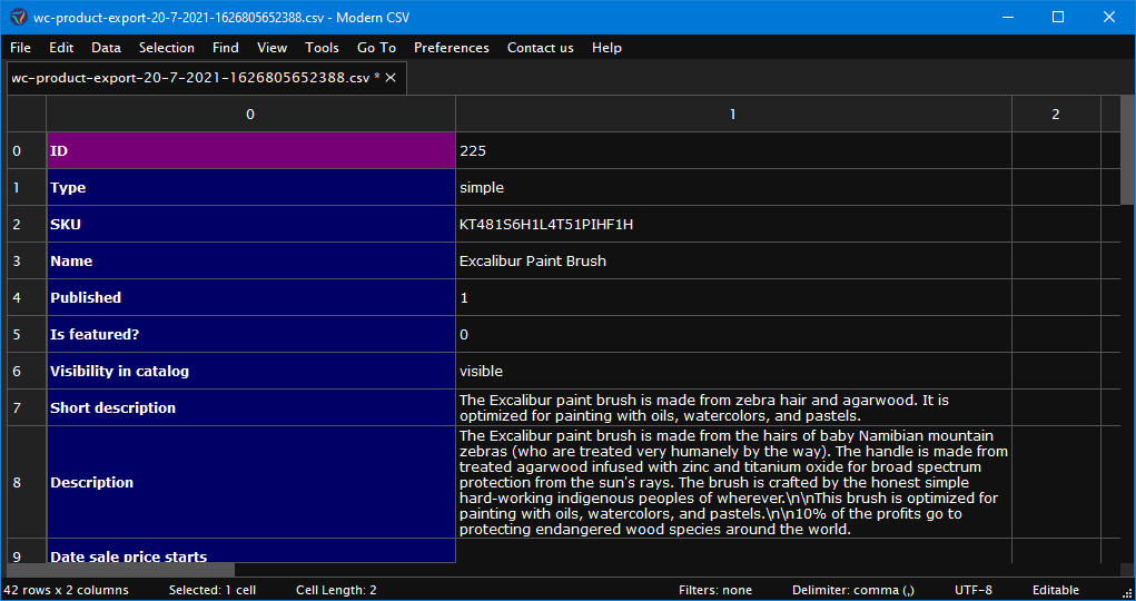 Transpose the product list for easier viewing if you wish.