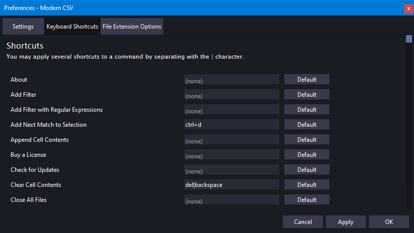 Keyboard Shortcuts Window