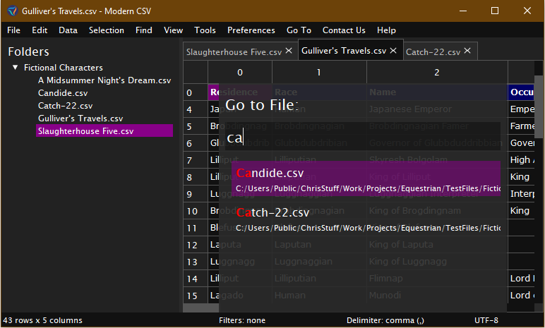 Modern CSV makes it easy to switch between files.
