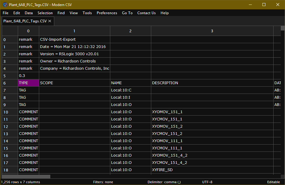 Exported PLC CSV file