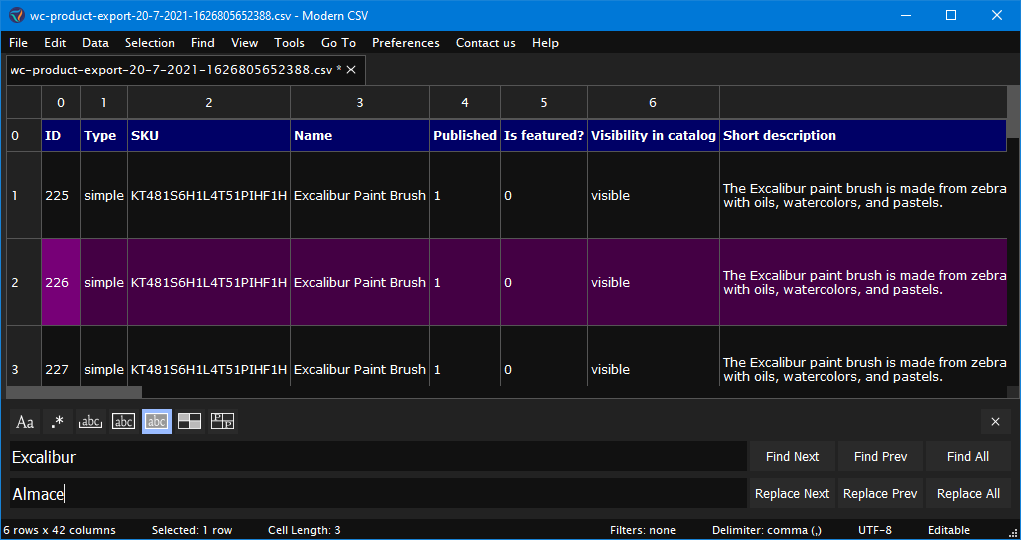 Replace all instances of a product name in a single row.