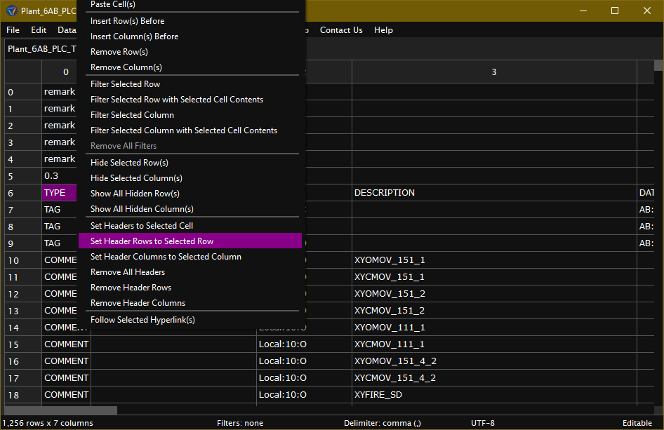 Right-click to set header rows
