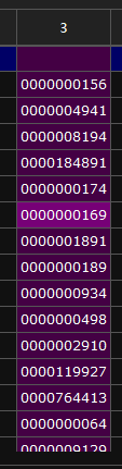 A column of data after the Zero-Fill Whole Numbers command.